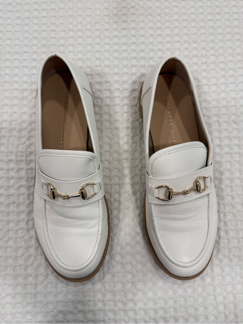 Sincerely Jules White Leather Bit Loafers with Gold Hardware